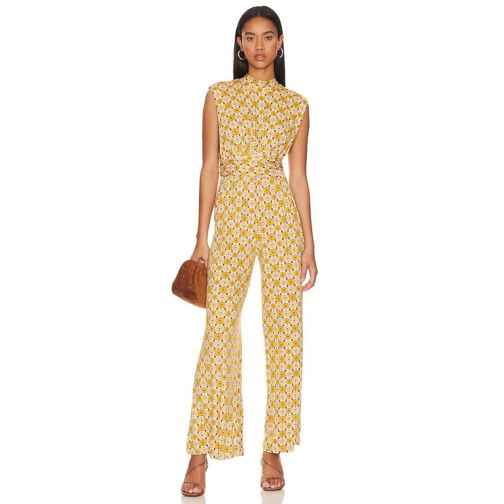 Free People Vibe Check jumpsuit Women S Yellow Floral  Wide Leg Boho Retro